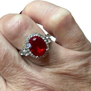 Red Oval Gemstone Silver Ring with Rhinestone Accents